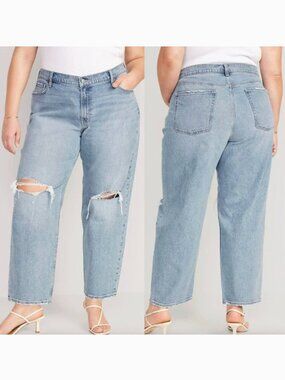 OLD NAVY Mid Rise Boyfriend Loose Jeans Light Wash Distressed Ripped Jeans 18 R